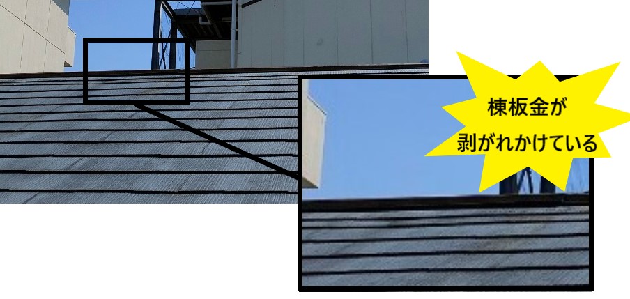 棟板金が剥がれかけている　釘抜け